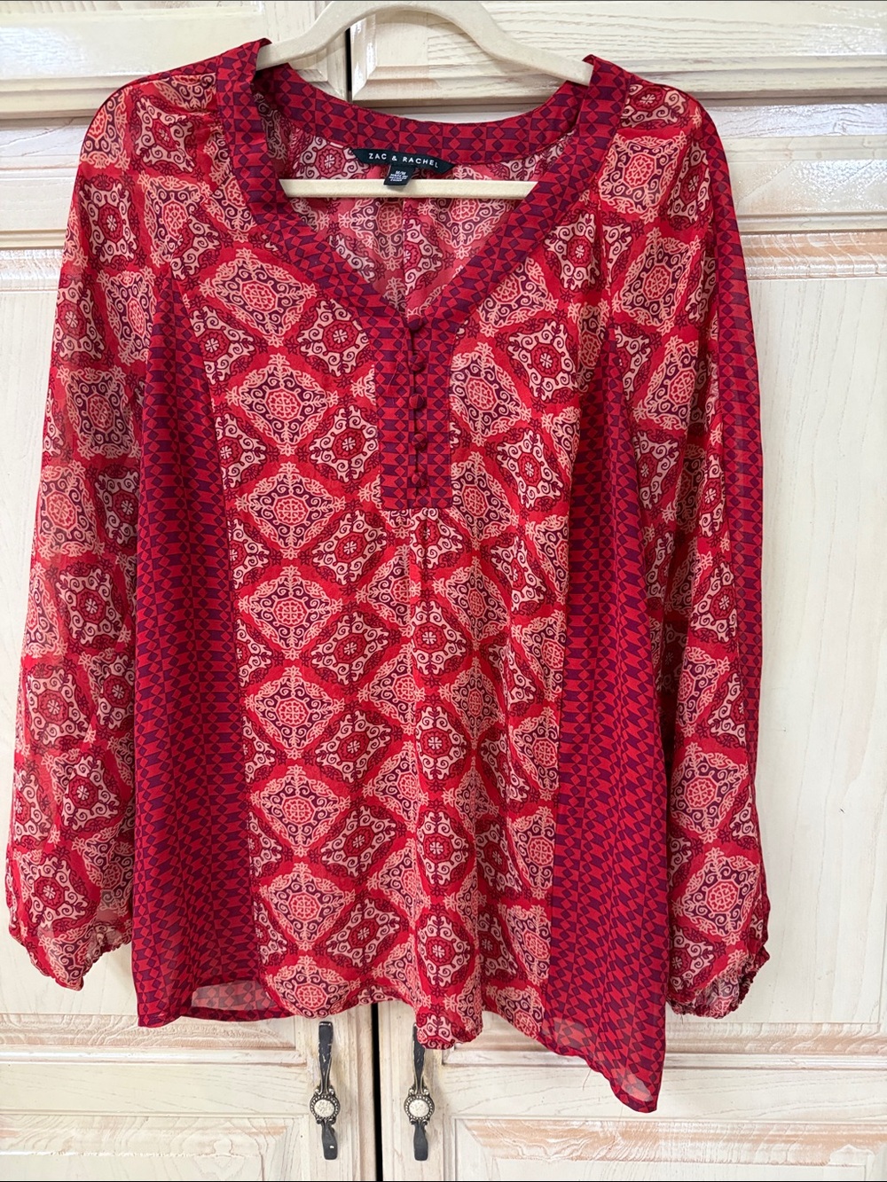 Zac & Rachel Red Printed V-Neck Tunic Blouse